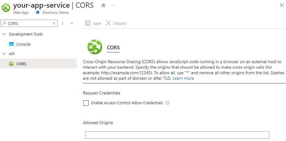 CORS Setup in Azure App Service